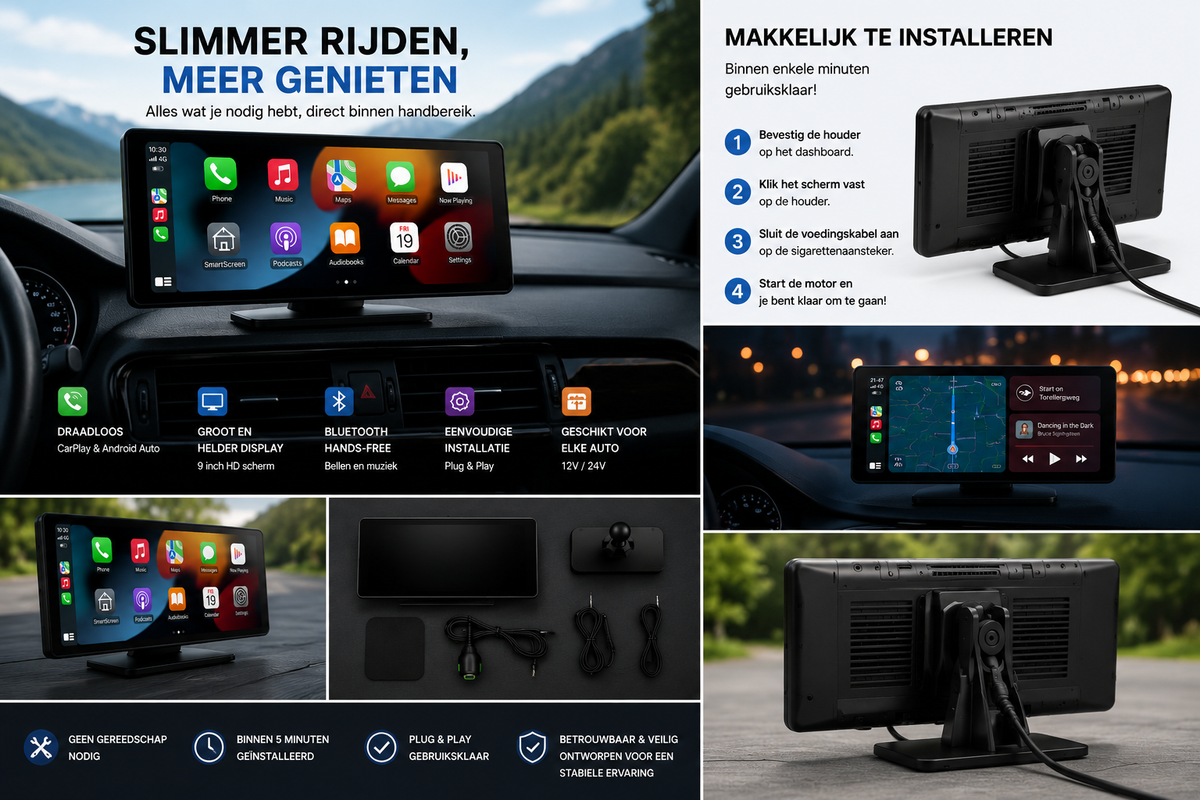 WAGENOVA SmartDrive Pro | Draadloos CarPlay & Android Auto Scherm
